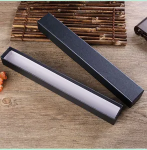 Detailed view of the long black folding fan gift box showing its premium texture and lid.