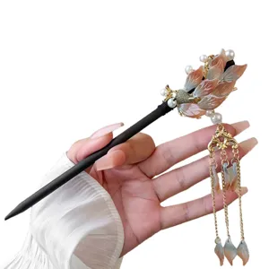 Classical Chinese petal tassel hairpin, elegant wooden hair fork for Hanfu styling and daily wear.