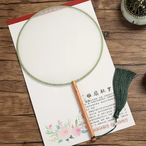 Traditional Chinese round silk fan with wooden handle and green tassel for DIY painting