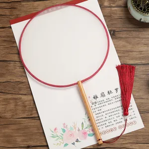 Blank imitation silk round fan DIY hand-painted palace fan with wooden handle tassel.