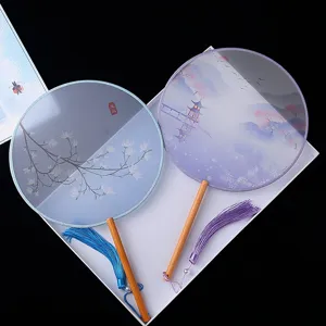Traditional Chinese Round Group Fan Beech Wood Handle Translucent Silk Fan For Hanfu Dance Performance Daily Cooling