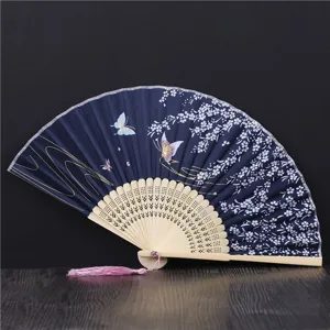 Chinese Style Silk Folding Fan Wooden Hollow Hand Fan Classical Cherry Blossom Print Fan For Dancing Qipao Prop