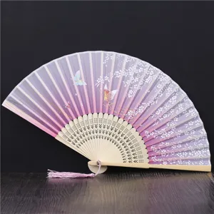 Chinese style women folding fan, purple gradient silk fan with butterflies and bamboo ribs.