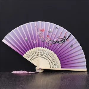 Chinese style folding fan purple gradient handheld fan with wooden ribs and tassel