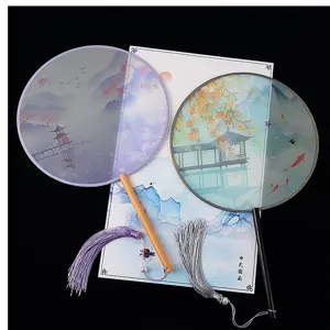 Traditional Chinese round fan with long handle and elegant tassel, sheer antique style for Hanfu.