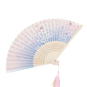Exquisite Japanese Chinese style folding hand fan with cherry blossom print and pink tassel.