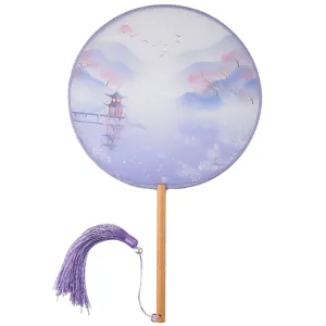 Traditional Chinese round fan with wooden handle and purple tassel for Hanfu dance.