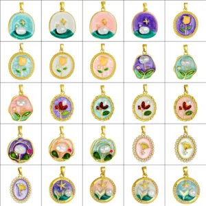 Monet garden style oil painting enamel pearl flower pendant necklace DIY jewelry accessories details