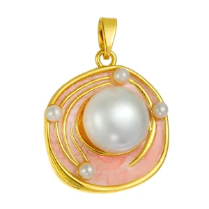 Enamel pearl pendant detail, gold-plated pink floral charm for DIY necklace making.