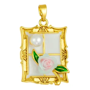 Gold-plated enamel rose pearl pendant necklace DIY jewelry accessory for women elegant gift.