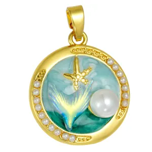 Monet garden oil painting style pearl pendant gold plated ocean mermaid tail necklace DIY accessory