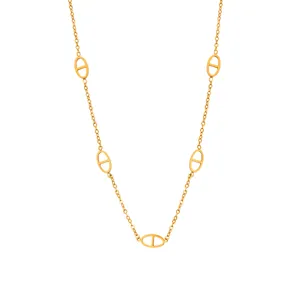 Gold long anchor chain necklace detail shot, stainless steel titanium jewelry for women layered.