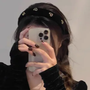 Vintage Black Velvet Heart Wide Headband Women Fashion Hair Hoop Hair Accessories 2023