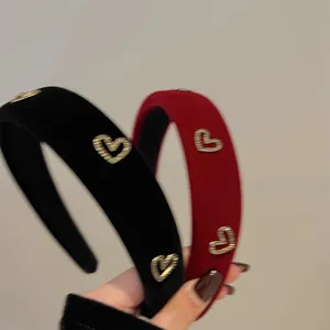 Retro velvet wide hairband with gold heart embellishments, stylish head hoop for women daily wear.