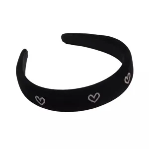 Retro black velvet wide hairband for women, elegant rhinestone heart design fashion accessory.