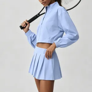 Women Quick Drying Athletic Activewear Stand Collar Long Sleeve Sport Jacket Pleated Tennis Skirt
