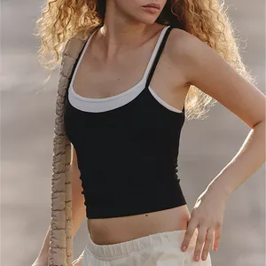 Contrast color fake two-piece sports tank top for women, breathable yoga fitness wear.