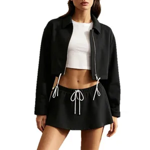 Women casual sports suit zip cropped jacket low waist drawstring mini tennis skirt activewear