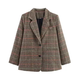 Women vintage plaid tweed blazer casual long sleeve single breasted suit jacket outerwear