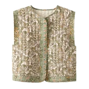 Women floral quilted vest sleeveless casual vintage botanical print outerwear top fashion