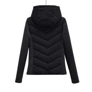 Detail view of black hooded puffer jacket back, chevron quilted winter outerwear.