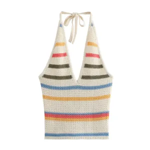 Detail view of the colorful striped knit halter top, showing fine texture and vibrant stripes.