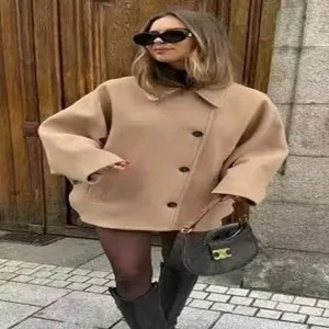 Manteau en laine uni camel à revers manches longues femme automne vintage chic vêtements d'extérieur