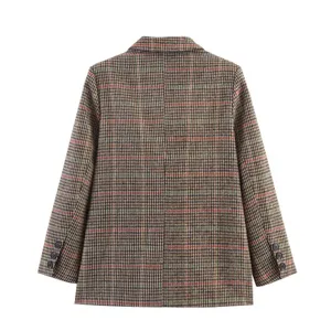 Detailed back view of stylish plaid tweed blazer showcasing classic patterned fabric and button cuffs.