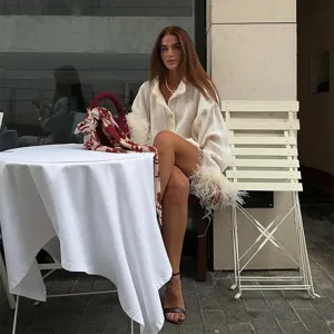 Women elegant feather trim knitted cardigan jacket casual long sleeve outerwear winter top