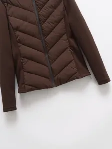 Brown slim fit hooded cotton padded jacket for women, warm stylish winter outerwear.