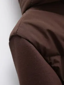 Brown women's winter hooded padded jacket detail view, cozy fabric splicing design.