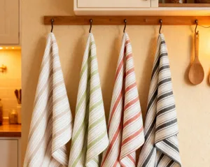 Torchon de cuisine en coton style nordique fil teint rayé vue détaillée texture tissu
