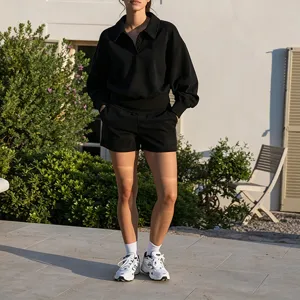 Casual sports suit women long sleeve polo sweatshirt high waist shorts detail view outfit