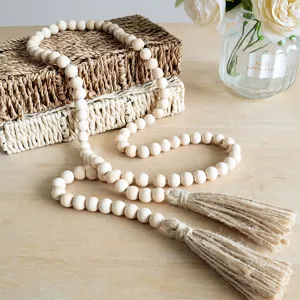 Rustic Wooden Bead Garland with Tassels Handmade Hanging Decor for Wall Curtain Tieback Home Bedroom Living Room Decoration