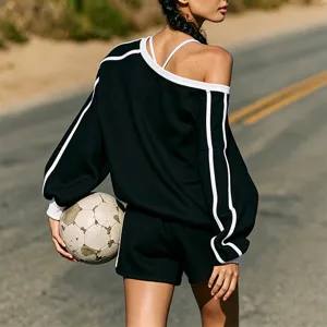 Casual black athletic tracksuit set featuring off-shoulder long sleeve sweatshirt and shorts.