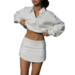Women casual sports set white polo long sleeve sweatshirt and high waist fitness tennis skirt