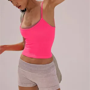Ribbed seamless neon pink fitness tank top for women breathable yoga athletic activewear