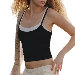 Women contrast color fake two piece sports tank top breathable yoga fitness running vest.