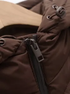 Close up view of the brown winter hooded padded jacket zipper and drawstring detail.