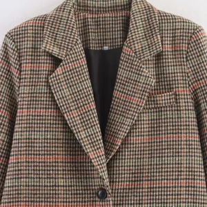 Women plaid wool blend blazer jacket vintage casual long sleeve notched lapel outerwear