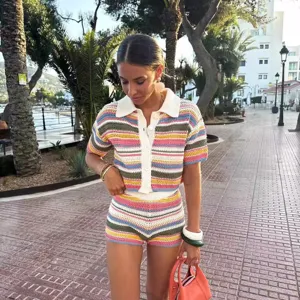 Women colorful striped crochet knit short sleeve polo top and shorts matching set summer.
