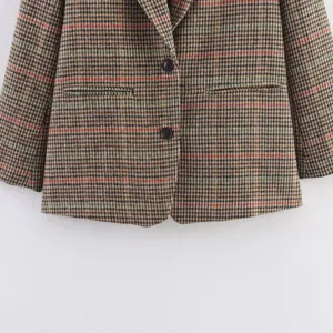 Women's vintage plaid tweed blazer jacket, classic lapel, double button casual outwear.