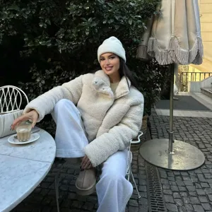 Femme hiver chaud fausse laine d'agneau polaire courte manteau veste blanc crème, mode