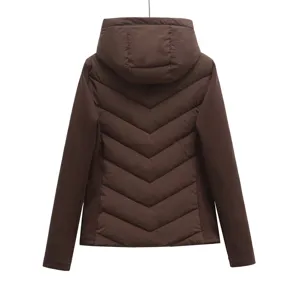 Women brown hooded puffer jacket slim fit winter casual outerwear warm quilted coat