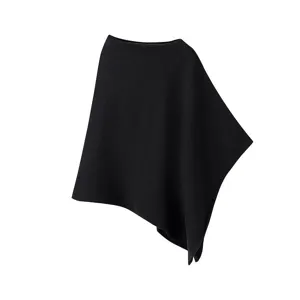 Schwarzer asymmetrischer Damen Strickponcho, schicker minimalistischer Pullover Cape.