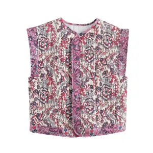 Women's casual boho floral printed quilted vest, stylish sleeveless outerwear top.
