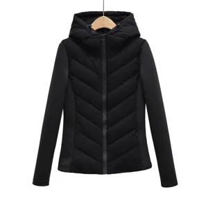 Women winter black slim fit hooded puffer jacket warm casual outerwear for daily wear.