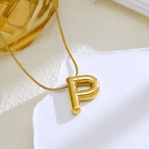 Gold initial P bubble letter pendant necklace, stylish delicate snake chain jewelry for women.