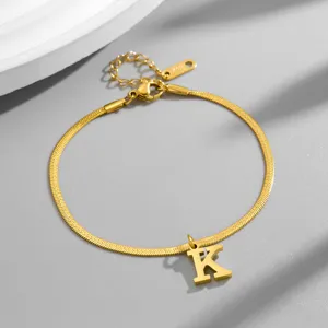 Gold stainless steel snake chain necklace with letter K pendant elegant clavicle jewelry.