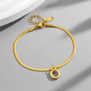 Gold letter O snake chain necklace detail, elegant titanium steel fashion jewelry for women.